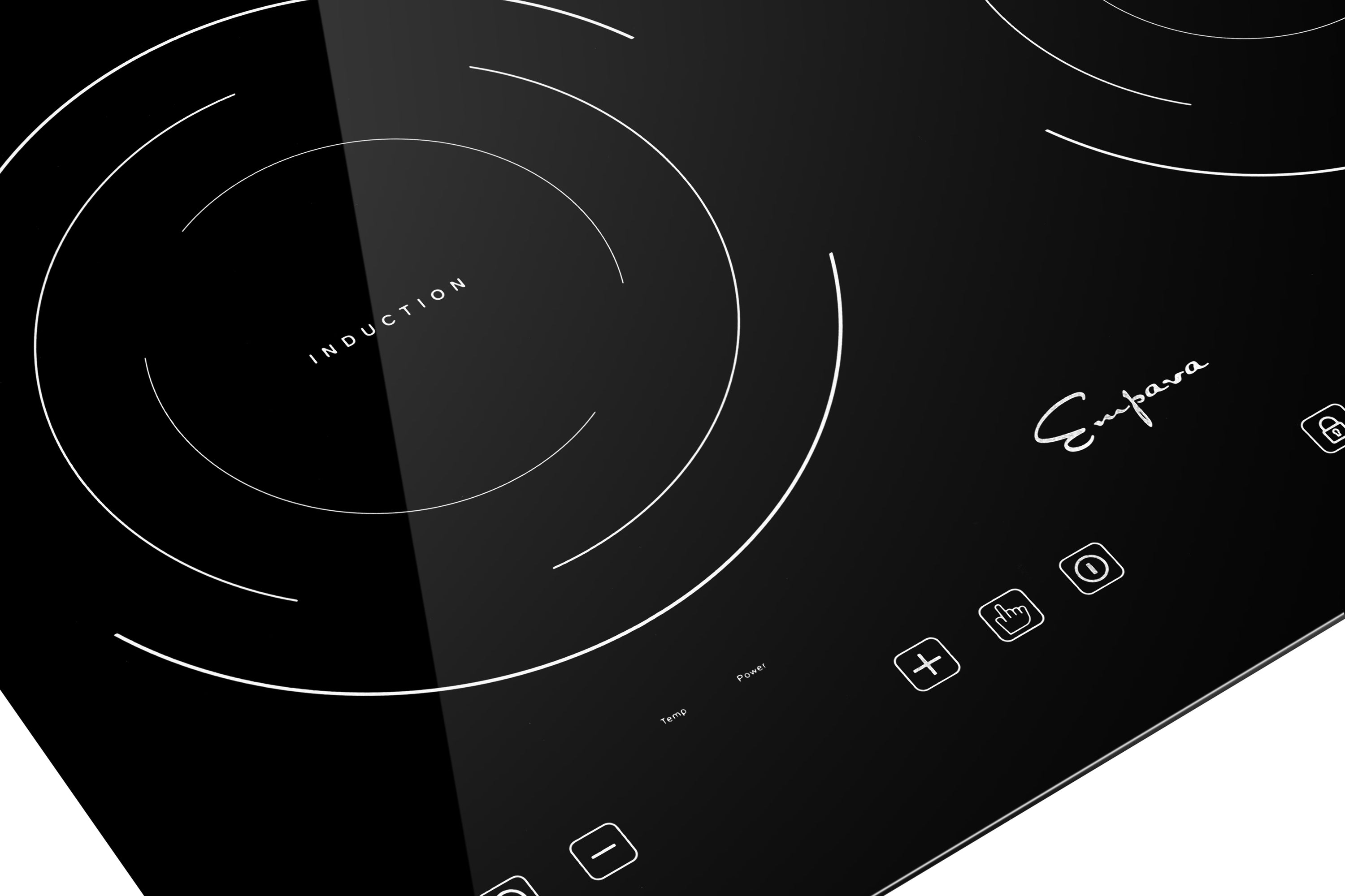 Empava IDC12B2 12 In. Induction Cooktop with two burners, featuring a sleek black glass surface and modern design.